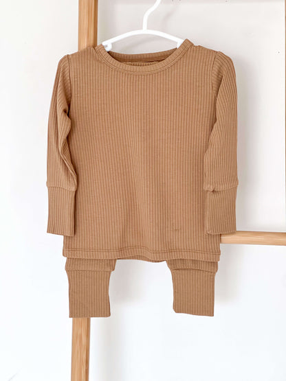 Brown Ribbed Bamboo Two-Piece Set Long Sleeve Pyjamas