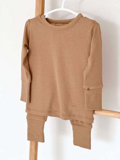 Brown Ribbed Bamboo Two-Piece Set Long Sleeve Pyjamas