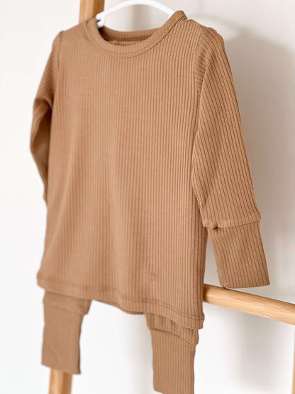 Brown Ribbed Bamboo Two-Piece Set Long Sleeve Pyjamas