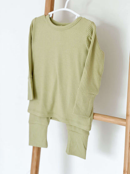 Green Ribbed Bamboo Two-Piece Set Long Sleeve Pyjamas