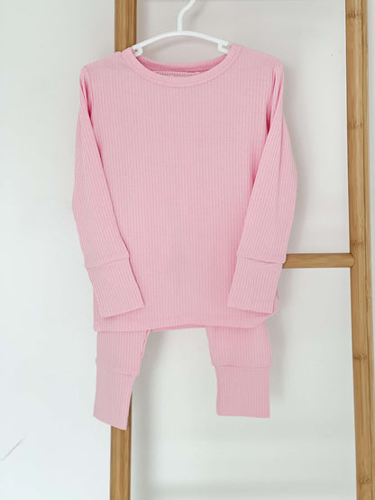 Pink Ribbed Bamboo Two-Piece Set Long Sleeve Pyjamas