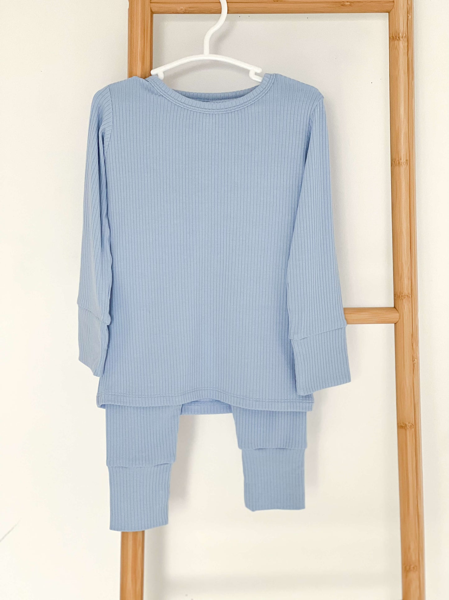 Blue Ribbed Bamboo Two-Piece Set Long Sleeve Pyjamas