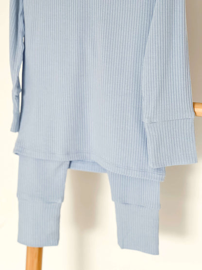 Blue Ribbed Bamboo Two-Piece Set Long Sleeve Pyjamas