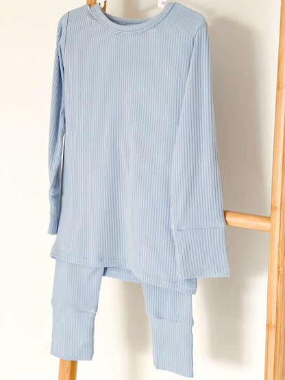 Blue Ribbed Bamboo Two-Piece Set Long Sleeve Pyjamas