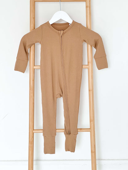 Brown Ribbed Bamboo Zip Sleepsuit Romper One Piece