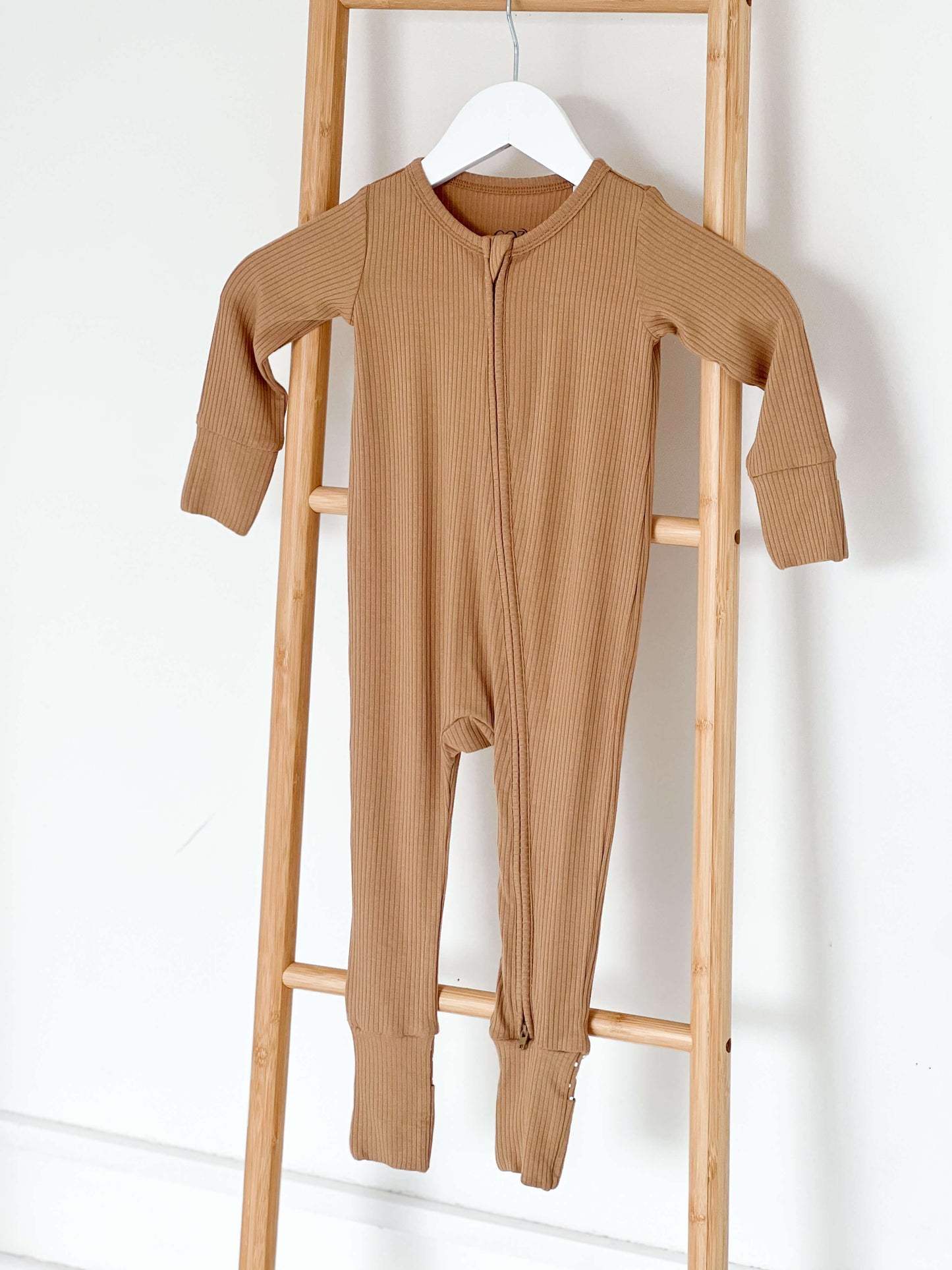 Brown Ribbed Bamboo Zip Sleepsuit Romper One Piece