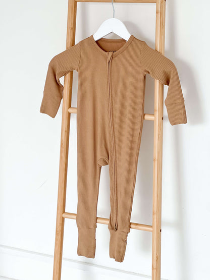 Brown Ribbed Bamboo Zip Sleepsuit Romper One Piece