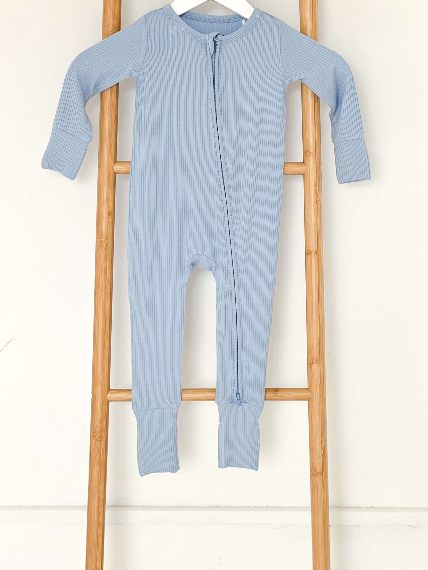 Blue Ribbed Bamboo Zip Sleepsuit Romper One Piece