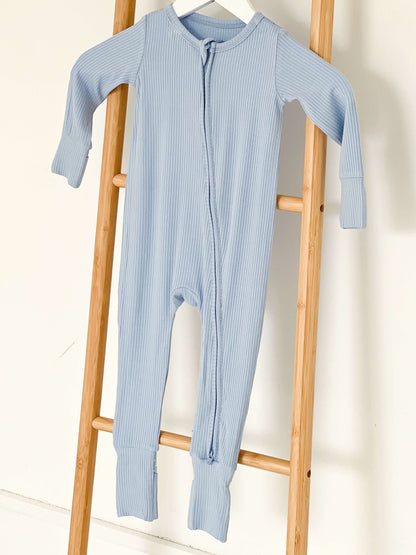 Blue Ribbed Bamboo Zip Sleepsuit Romper One Piece