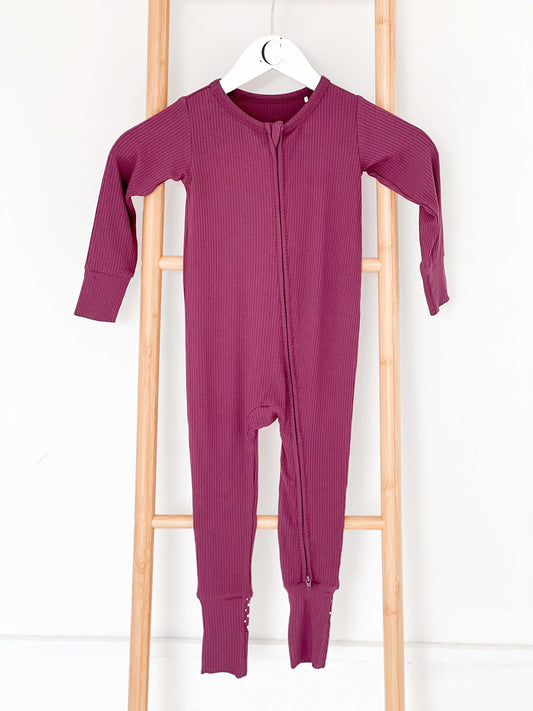 Berry Ribbed Bamboo Zip Sleepsuit Romper One Piece