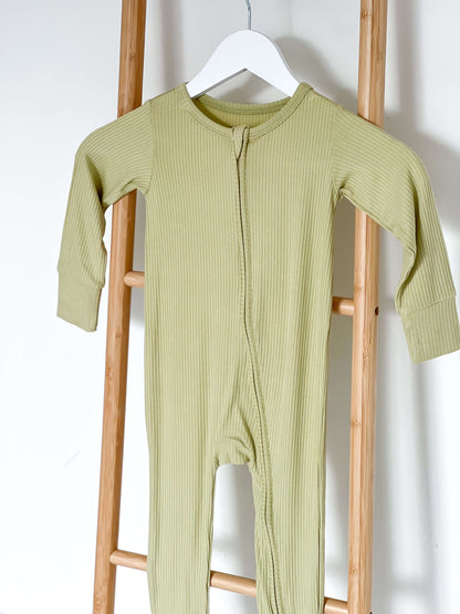 Green Ribbed Bamboo Zip Sleepsuit Romper One Piece