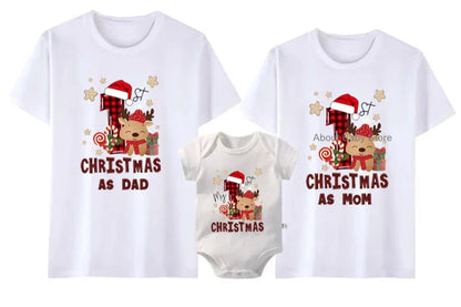 First Christmas As Dad Mom Tshirts Baby Deer Romper