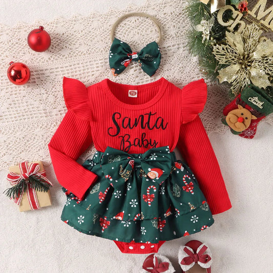 Baby Girl Christmas Bodysuit with Bow Cake Skirt and Headwear